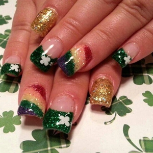 Faux Ongles Press On St Patrick Trèfle Vert French Tips Paillettes Dorées Arc En Ciel Pour Femmes Manucure