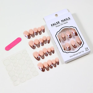 French almond press-on nails set with leopard print and pink floral art on nude base