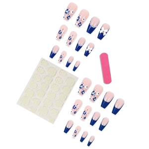 French blue press-on nails set with pearl edges, 3D bows and floral patterns