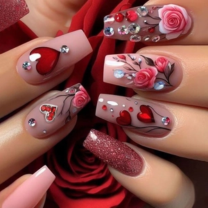 Coffin Press On Nails Pink Red Rose Flower Heart Rhinestone Glitter Artificial Fake Nails For Women Valentine Day