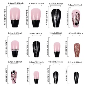 Size chart for black French coffin press-on nails with butterfly and floral designs