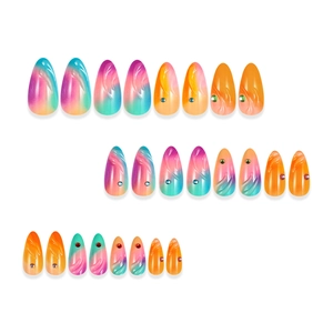 3D embossed almond press-on nails with colorful gradient and sparkling rhinestone accents