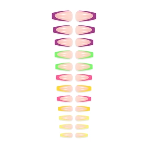 Colorful French coffin false nails set in purple, green, pink and yellow glossy finish