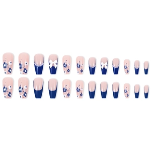 Blue French press-on nails with 3D bows, pearls, and hand-painted floral designs