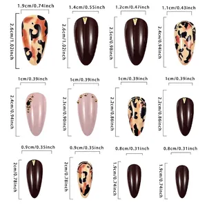 Almond fake nails size chart with burgundy leopard print and glossy brown finish