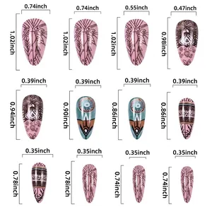 Size chart for bohemian leaf print almond press-on nails with 12 different sizes