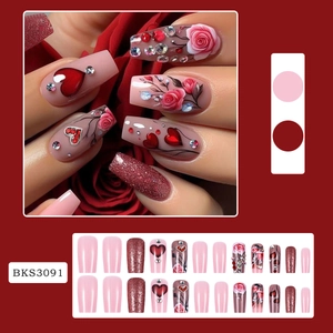 Elegant Valentine press-on nails set with red roses, 3D hearts and silver rhinestones