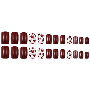 24pcs burgundy square heart press-on nails with silver beads and glitter finish