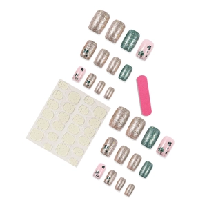 Green and gold glitter clover press-on nail set with tools for St. Patrick's Day