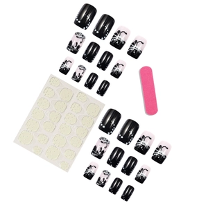 Dunkles Blumen-Press-on-Nagelset mit 24 Stück in Schwarz, Rosa und Weißer Kunst