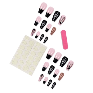 French black and pink coffin press-on nails with butterfly art and rhinestones kit