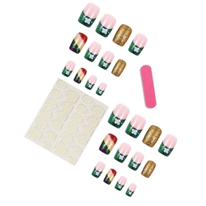 Faux ongles French trèfle vert avec paillettes arc-en-ciel et lime à ongles incluse