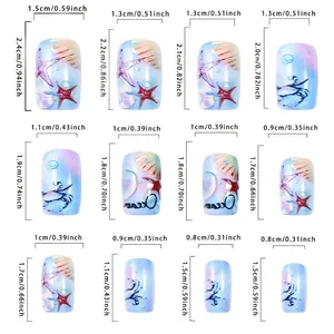 Size chart for shell ocean style press-on nails with 12 pieces in blue pink gradient