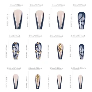 Size chart showing 12 different dimensions for long blue press-on nails with rhinestones