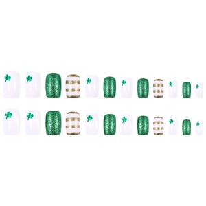 Green glitter and clover press-on nails set for St. Patrick's Day celebration