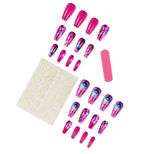 Coffret faux ongles plumes de paon couleur magenta avec mini limes à ongles roses