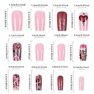 Press-on nail set sizing chart featuring pink heart and rose designs in various dimensions