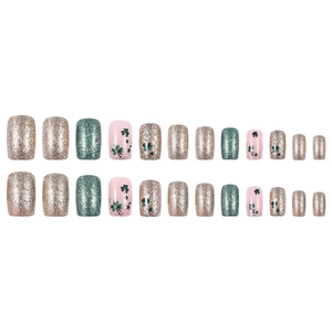 Macro detail of 24pcs St. Patrick's Day press-on nails with green clover patterns