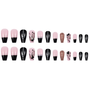 Pink and black butterfly press-on nails with 3D flowers and rhinestones