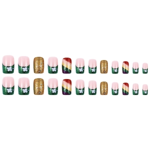 Faux ongles St Patrick trèfle vert style français avec paillettes et décorations