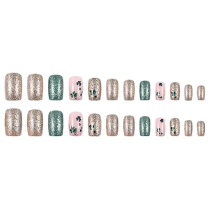 Green and gold glitter clover press-on nails set for St. Patrick's Day celebration