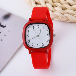 Close-up of red square quartz watch with white dial and soft silicone strap