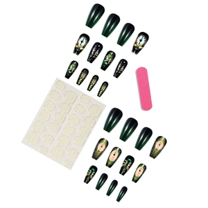 Retro emerald green press-on nails set with gold clock patterns and manicure tools