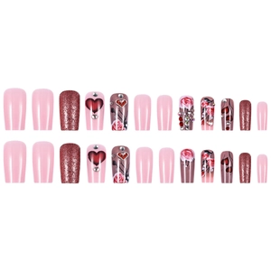 Pink and burgundy glitter press-on nails with rose art and 3D heart rhinestones