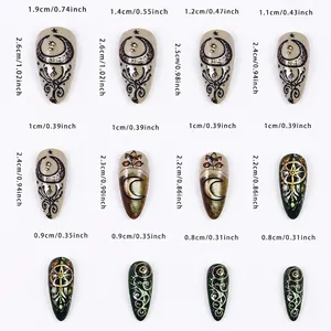 Size guide for mandala and moon style press-on nails featuring 12 different nail dimensions