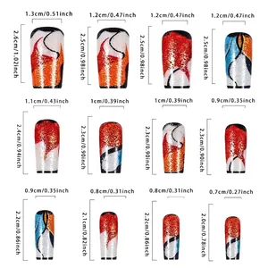 Size guide for medium square press-on nails with colorful glitter abstract art designs