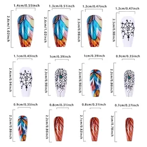 Size chart for colorful feather and mandala patterned press-on nails in 12 various sizes