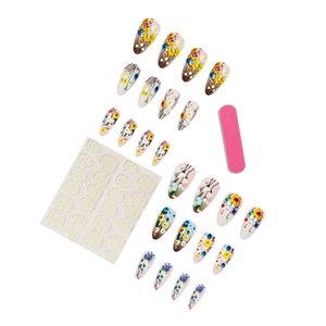 24-piece colorful daisy floral press-on almond nails with adhesive tabs and pink nail file