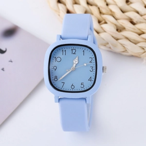 Minimalist square quartz watch in sky blue silicone with clear Arabic numerals