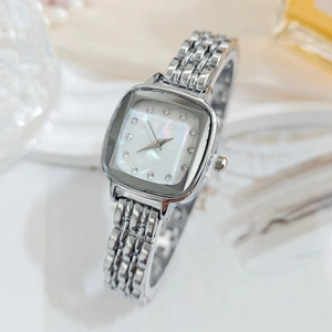 Elegant silver square watch for women with rhinestone hour markers and chain strap