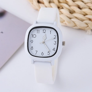 Minimalist white quartz watch with silicone strap and square dial for students