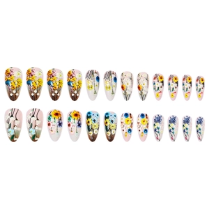 Set of 24 almond shape press-on nails with colorful hand-painted floral daisy designs