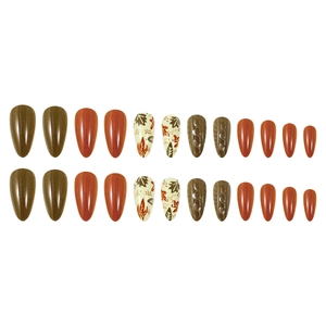 24pcs Fall maple leaf press-on nails in olive green and brick orange almond shape