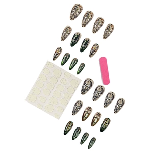 Mandala and moon press-on nail set with forest green cedar and vintage gold floral patterns