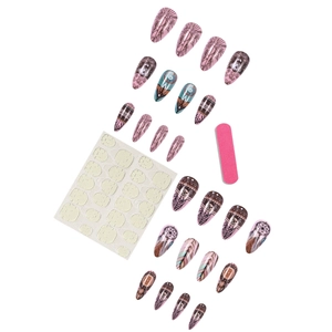Bohemian almond press-on nails set with feather and dreamcatcher tribal patterns