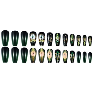 24-piece set of retro clock design press-on nails in black and dark green gradient