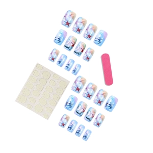 Ocean-themed ocean press-on nail kit with blue gradient starfish and shell designs