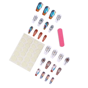 Press-on nail set with colorful feather and dreamcatcher designs including file and glue