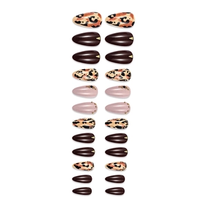 Burgundy leopard print and pink almond-shaped press-on nails set with gold bead accents