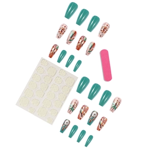 Kit de faux ongles 3D relief papillon et fleur avec outils en sarcelle et beige
