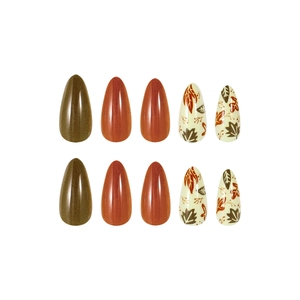 Detail view of 10 almond press-on nails featuring maple leaf prints and autumn color tones