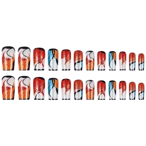 Abstract colorful press-on nails with silver glitter and symmetric medium-long square shape