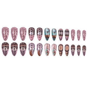 24pcs Bohemian style almond fake nails with mandala leaves and dreamcatcher patterns
