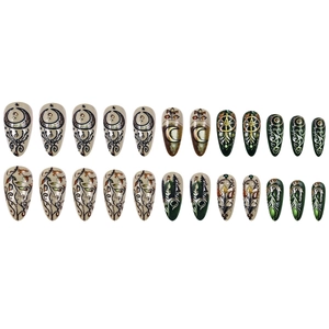 24-piece press-on nail set featuring moon and mystical forest astrology designs in dark green