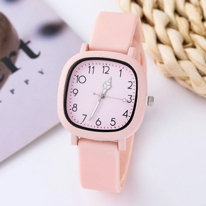 Minimalist pink square quartz watch with soft silicone strap and clear numeric dial