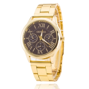 Close-up of Geneva business watch featuring gold steel strap and brown Roman numeral dial
